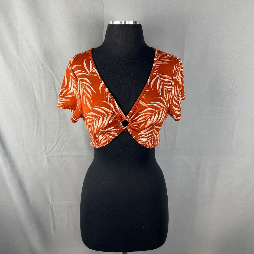 Love J Crop Top Womens XL Rust Brown Palm Leaf Stretch Tie Front O Ring V Neck
